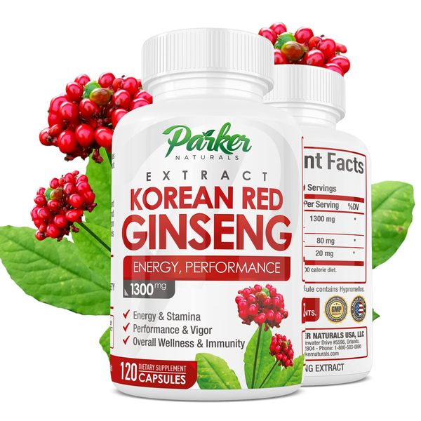 Parker Naturals Korean Red Panax Ginseng Extract 1300MG High 20% Ginsenosides. Supports Stamina,Vigor, Immunity with Ginger Root and Black Pepper 120 Caps. Made in The USA!