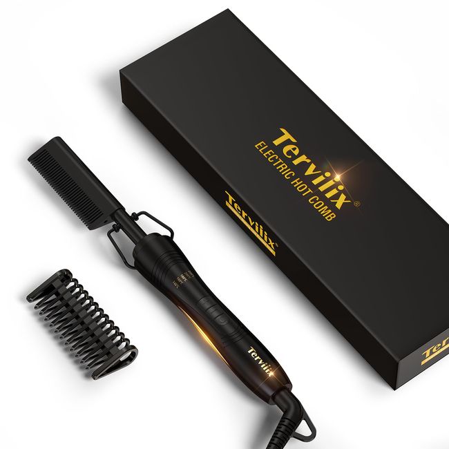 Terviiix Hot Comb Hair Straightener Electric Straightening Comb, Ceramic Beard Straightener Anti-Scald Press Comb with Keratin & Argan Oil Infused Teeth, Temperatures Adjustable, 60 Min Auto Shut Off