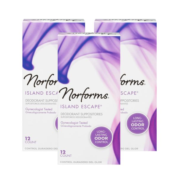 Norforms Feminine Deodorant Suppositories, Long Lasting Odor Control, Tropical Splash Scent, 12 Count Deodorant Suppositories in Each Box (Pack of 3)