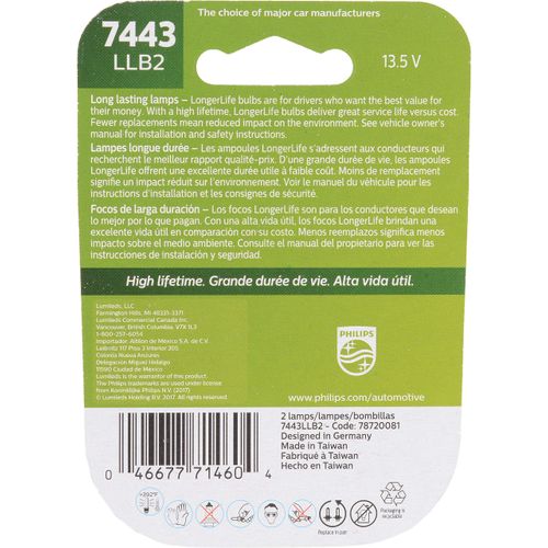 Philips Automotive Lighting 7443 LongerLife Miniature Bulb, 2 Pack, 7443LLB2