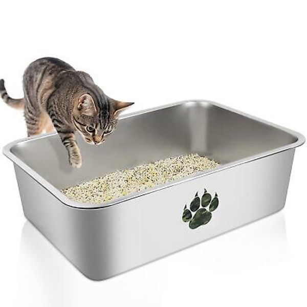 Stainless Steel Cat Litter Box, High Side Cats Toilet Metal Litter Box, Pet C...