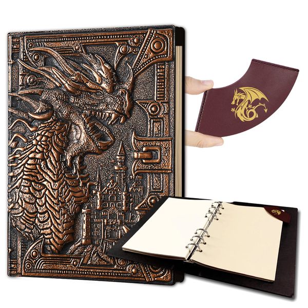 Ancient Deer DND Notebook/Journal, Unique 400 Page Book with 3D Dragons Leather Refillable 6-rings binder and Bookmark for dungeons and dragons D&D dice accessories Role Playing Games,Great DND Gifts