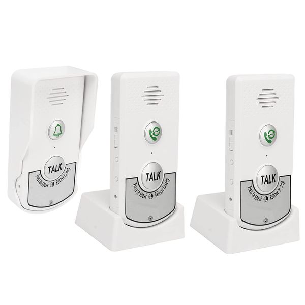 Wireless Intercom Doorbells 1000m Distance with 1 Outside Bell and 2 Inside Bells Intelligent Voice Intercom Doorbells 2000mAh IP54 for Houses Factories White