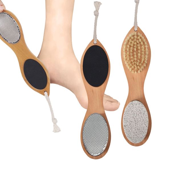 GOZINA Foot File Brush, 4 in 1 Foot Scrubber, Including Wood Nail Scrub Brush and Pumice Stone, Foot Scrub and Foot File, Suitable for All Types of Feet