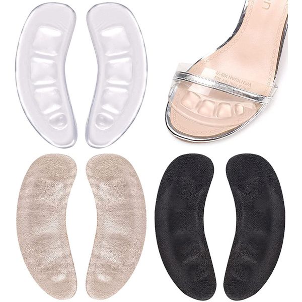 Urwalk Ball of Foot Cushions for High Heels, Non-Slip Comfortable Forefoot Pads Metatarsal Pads All Day Pain Relief, Toe Cushions for Forefoot - 3 Pairs (Transparent + Black + Beige)