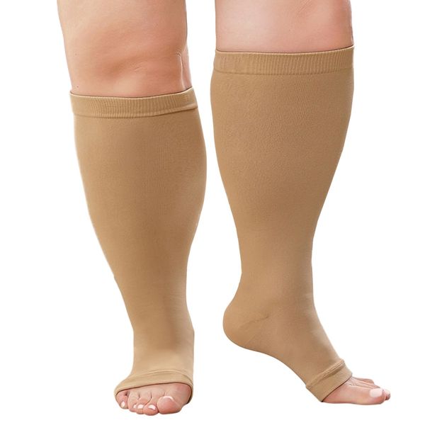 ZFSOCK Plus Size Compression Socks: Men Women Wide Calf Open Toe Graduated Medical Support Stockings Toeless Flight Pressure Socks for Varicose Vein Swollen Legs Pregnancy Nurses Travel Beige 5XL