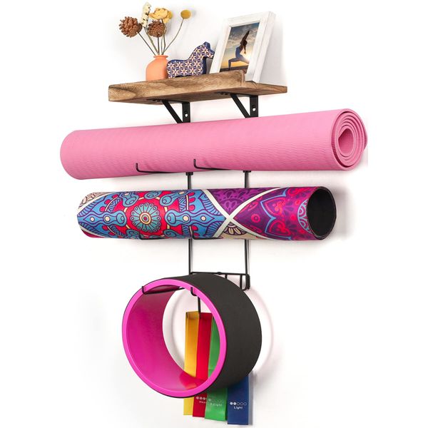 Bikoney Yoga Mat Holder Wall Mount Yoga Mat Storage Home Gym Accessories with Wood Floating Shelves and 4 Hooks for Hanging Foam Roller and Resistance Bands Fitness Home Gym Carbonized Black