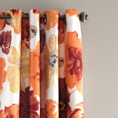 Lush Decor Leah Floral Grommet Light Filtering Window Curtain Panel Set, Pair- Large Blooming Flower Print - 2 Curtains - 52" W x 84" L, Red & Orange