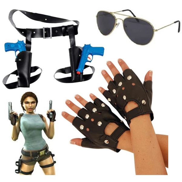 Mega_Jumble Twin Guns Thigh Holster-Lara Croft Style Tomb Raider Fancy Dress Accessories Guns Holster Glasses Plaits and Gloves (3 Piece Set)