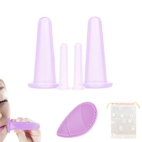 DHWEKU Silicone Cupping, Cellulite Cup Massager Tools Set, Cupping Glasses, Anti-Ageing, Anti-Cellulite, Back Body for Whole Body with Facial Cleansing Brush and Drawstring Bag (4 Pieces/Purple)
