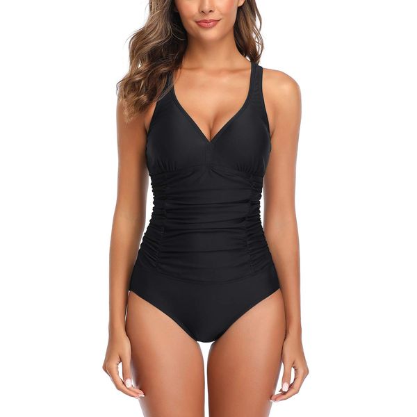 Ruched Tummy Control One Piece Swimsuit Swimwear Retro Vintage Bikini Bathing Suit Swimming Costume for Women, Black-oz, M(UK 10)