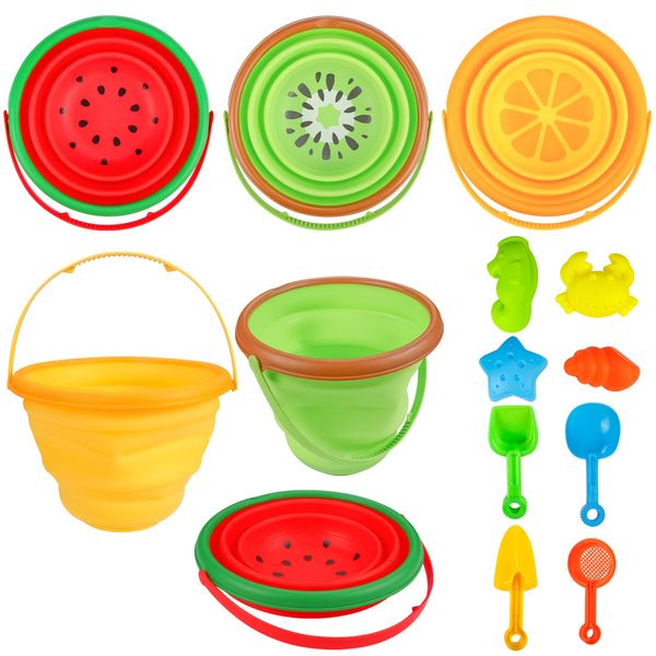 Beach Sand Toys Set for Kids, Silicone Collapsible Foldable Beach Bucket Travel Beach Toys for Summer Outdoor Camping and Fishing Tub with Sand Molds Shovels Rakes for Toddlers Boys Girls 2.5L 3PCS