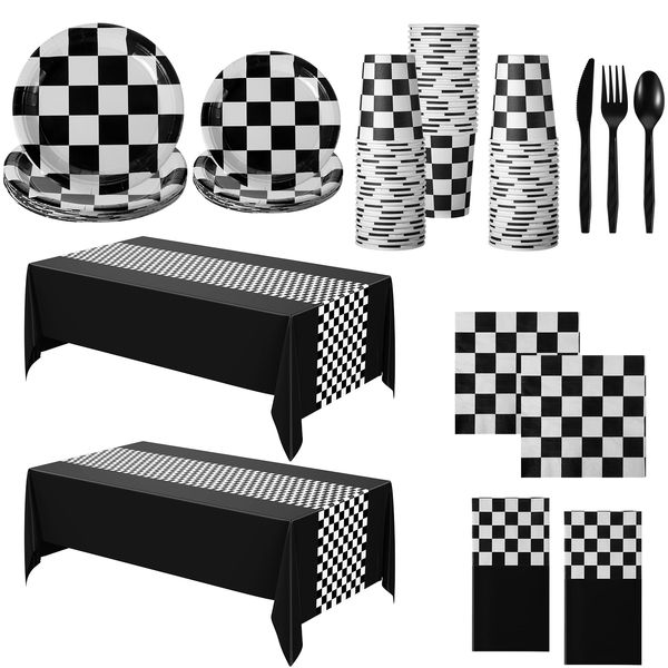 Oudain 162 Pcs Car Birthday Party Supplies for 20 Guests Checkered Racing Party Decorations 2 Checkered Racing Flag Rectangular Tablecloth for Racing Car Christmas Party Dinner Plates (Black)