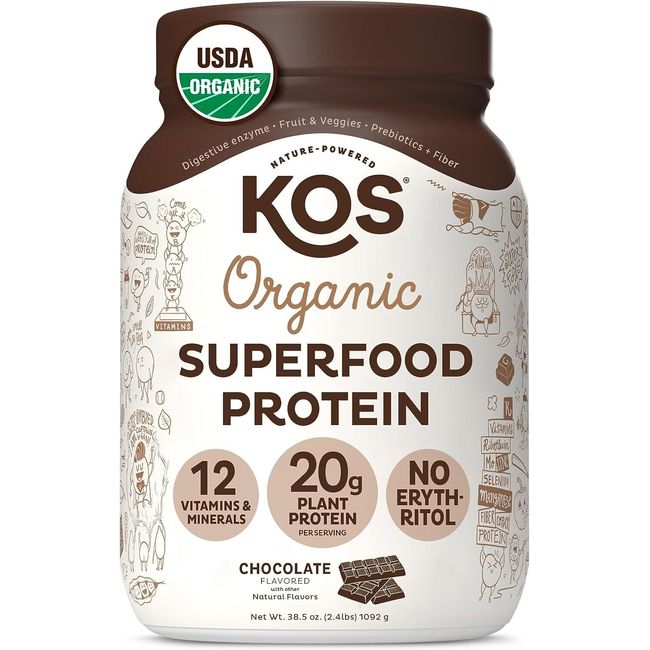 KOS Vegan Protein Powder Erythritol Free, Chocolate - Organic Pea Protein Blend,