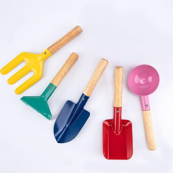 Beach Toys,5Pcs Kid's Beach Sand Toys, Safe Beach Sand Toys Gardening Equipment with Sturdy Wooden Handle,Safe Kids Shovel with Cylinder, Spoon, Fork, Rake, Flat Shovel & Pointed Shovel