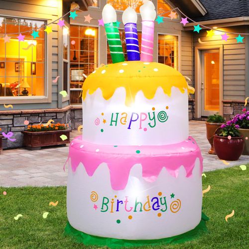 4FT Birthday Cake Inflatable Decorations with Candles Build-in LED Lights,Blow up Birthday Cake Indoor Outdoor Party Addition,Birthday Gift for Kids,Easter Decoration for Garden,Yard,Lawn,Porch