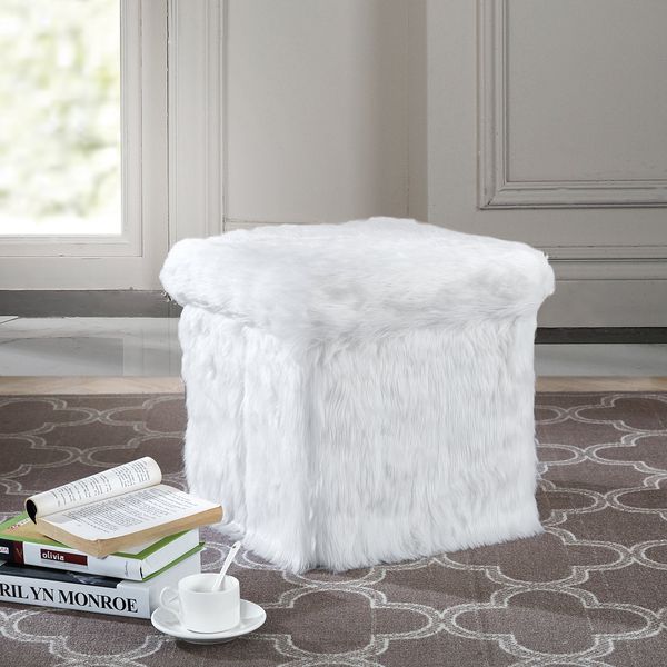 Urban Shop White Mongolian Fur Collapsible Storage Ottoman with Lid, 15"x15"x15"