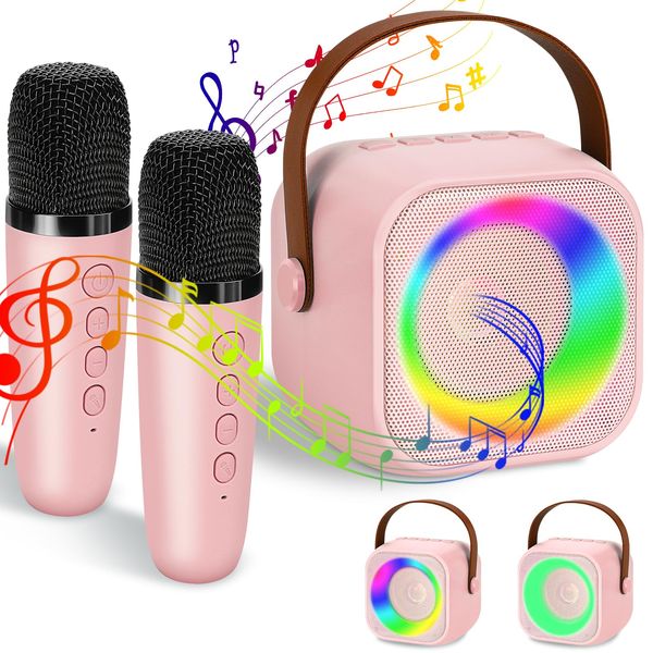 Karaoke Machine for Kids, POIUNA Bluetooth Karaoke Machine for Adult with 2 Wireless Microphones with Colorful Lights, Gift Toys for Kids Girls 4, 5, 6, 7, 8, 9, 10 +Year Old Christmas Birthday Pink