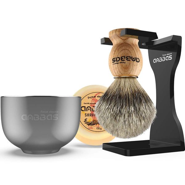 Anbbas Shaving Set, 4in1 Pure Badger Hair Shaving Brush Solid Manchurian Ash Wood Handle,Black Broken-Resistant Acrylic Shaving Stand,Stainless Steel Shaving Bowl Dia 3.2 inch and Goat Milk Soap 100g