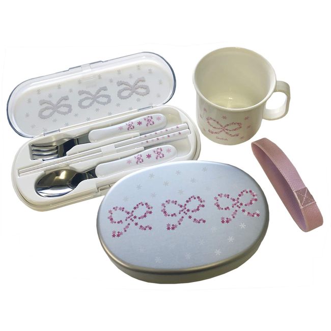 Lunch 3-Piece Set, Kindergarten (Aluminum Lunch Box with Inner Pig, Cutlery Set, Heat Resistant Cup), Flower Ribbon