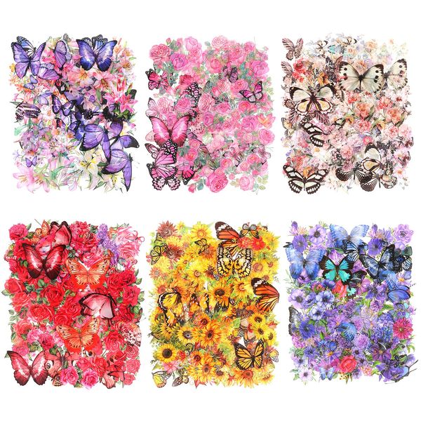 Blumen Schmetterlings Aufkleber, 300 Stück Scrapbook Aufkleber Schmetterling und Blumen, PET Wasserdicht Transparent Bunt Scrapbooking Sticker, Scrapbook Zubehör für Tagebuch, Handbuch