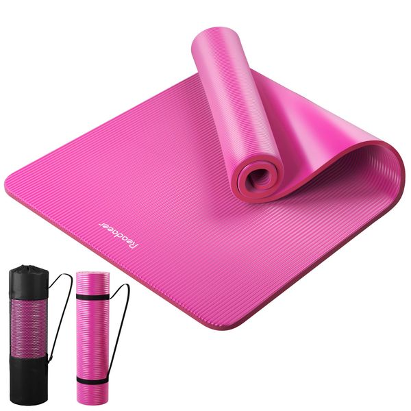 Reodoeer Thick Yoga Mat, Training Mat, Exercise Mat with Storage Band and Storage Bag, 0.4 inches (10 mm) Thick (Pink)