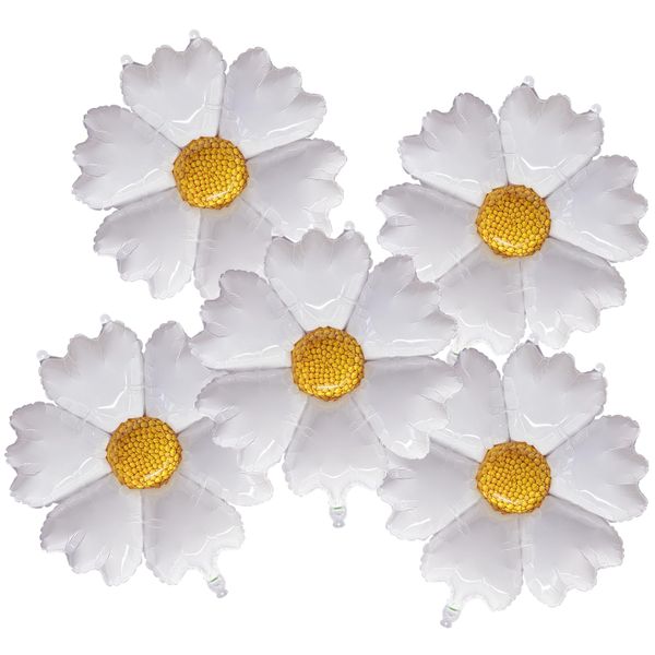 Flower Daisy Balloons Party Decorations Foil Mylar White Daisy Balloon Groovy Boho Party Supplies for for Birthday Wedding Baby Shower 5 Pcs