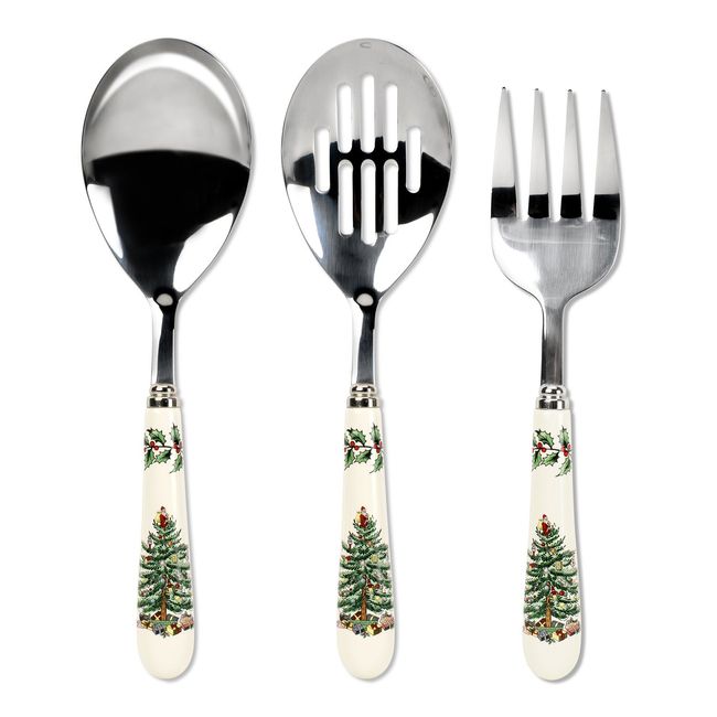 Spode Christmas Tree Collection 3-Piece Cutlery Set, Stainless Steel, Porcelain Handle, Hostess Flatware Serving Set, Holiday Silverware, Meat Fork, Serving Spoon, and Slotted Spoon