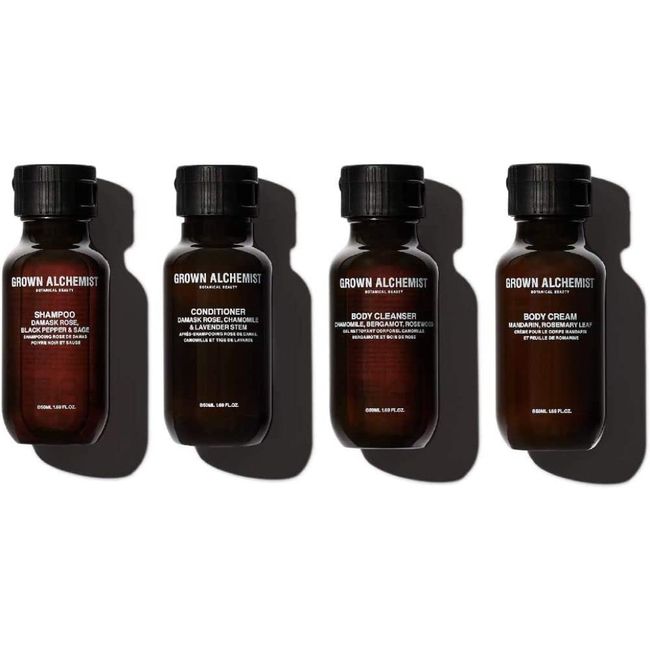 Grown Alchemist Travel Essentials Kit: Body Cleanser, Cream, Shampoo, Conditioner - Damask Rose, Black Pepper, Chamomile - (Pack of 4 x 50 ml)