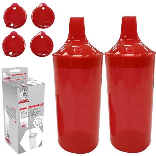 DR. BONE'S THERAPEUTICS ® Set of 2: Red, Wide Spout, Feeding Beakers. 250ml with Graduated Measurements and Adjustable Flow Lid - Autoclavable, Microwave Safe Spill-Proof & Leak Prevention