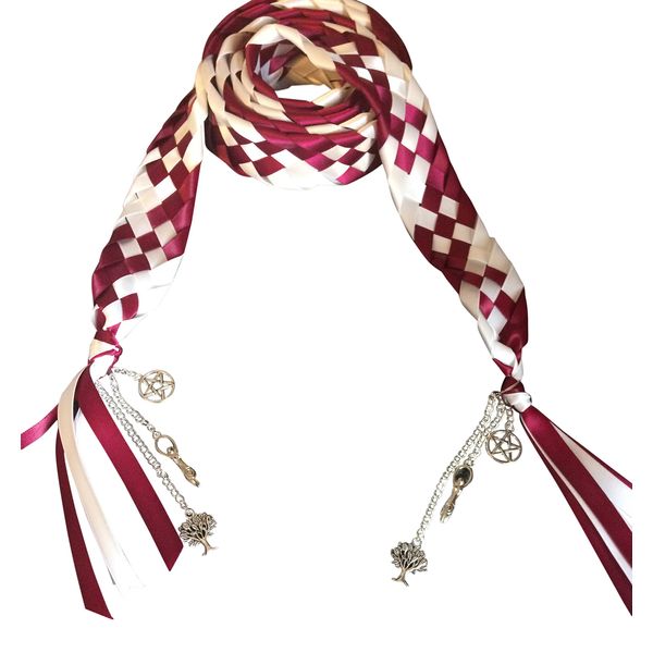 Wedding Hand Fasting/Binding Cord 6 Strand Braid Ribbon with Charms (Wine&Cream)
