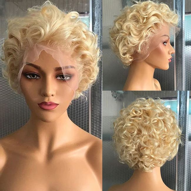 afsisterwig Short Pixie Cut Disposable Curly Styled Bob Wig 613 Blond Hair Glueless Brazilian Virgin Human Hair Lace Front Wigs Pix Style Pre Plucked Hairline with Baby Hair 6-8 Inch(13X4 613 Blonde)