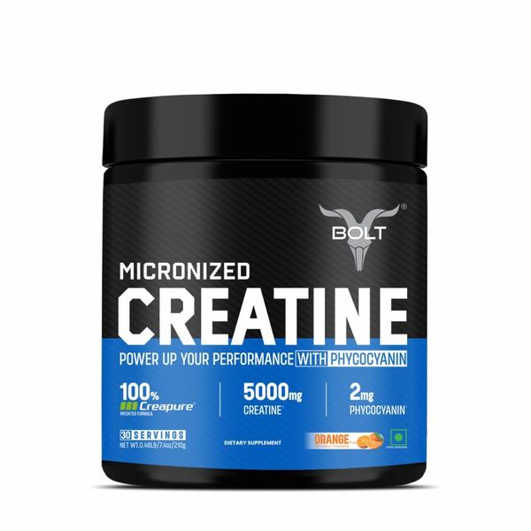 Bolt Nutrition German Made Creapure® Creatine Monohydrate | Pre & Post Workout |Supports Muscle Recovery, Endurance & Improved Athletic Performance, 210gm,30 Servings | Orange Tangy