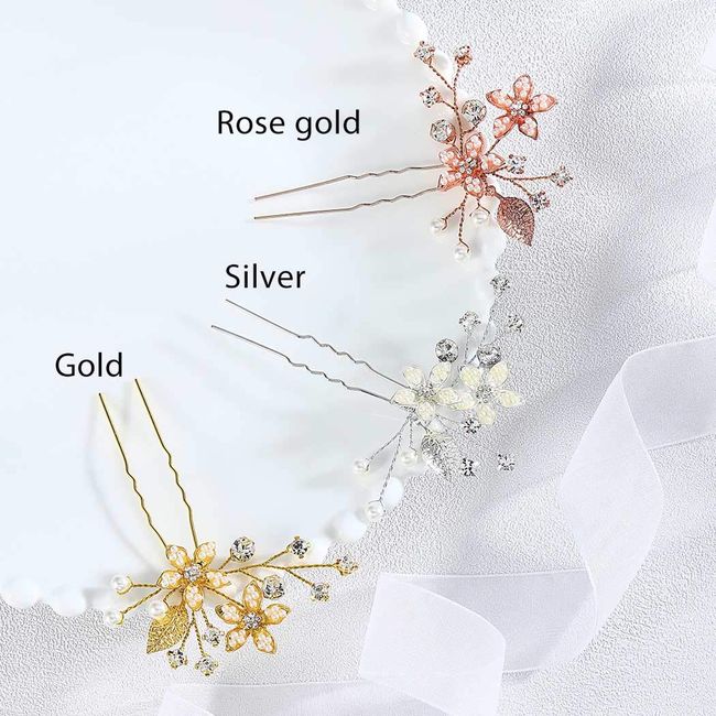 Pearl Bride Wedding Hair Pins Leaf Bridal Head Piece Flower Hair Accessories  for Women and Girls (Pack of 3) (Gold) 