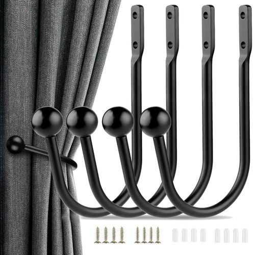 Curtain Tie Backs Hooks 4 Pack Black Curtain Holdbacks Elegant Curtain Tiebacks Metal Tie Back Hooks for Curtains Holder Wall Hooks with Screws