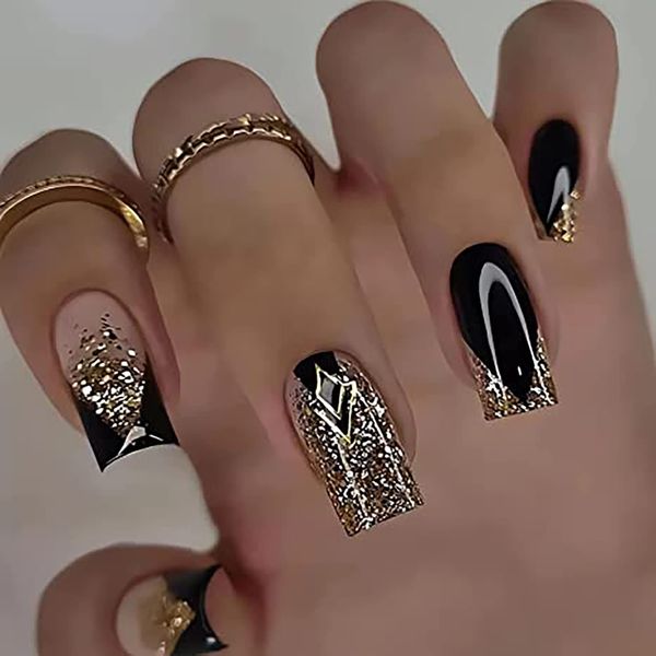 Medium Square Fake Nails French Press on Nails Glossy Glue on Nails Full Cover False Nails with Gradient Gold Glitter Design Black Gold Nail Tips Nude Artificial Fingernails Acrylic Nails for Women