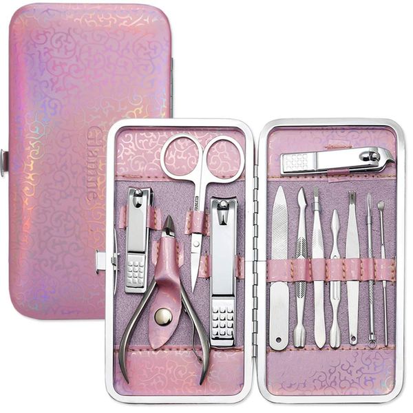 Glamne Manicure Pedicure Set Tools Professional Stainless Steel Nail Care Kits with Holographic Travel Case(Pink)