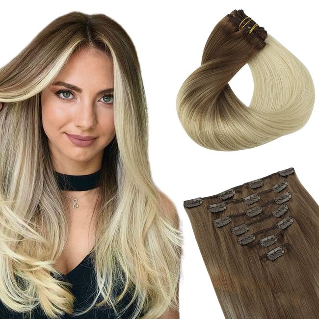 Clip in Hair Extensions, hotbanana Ash Brown to Platinum Blonde Clip in Hair Extensions Real Human Hair Straight Remy Hair Clip in Hair Extensions 22 inch 120g 7pcs