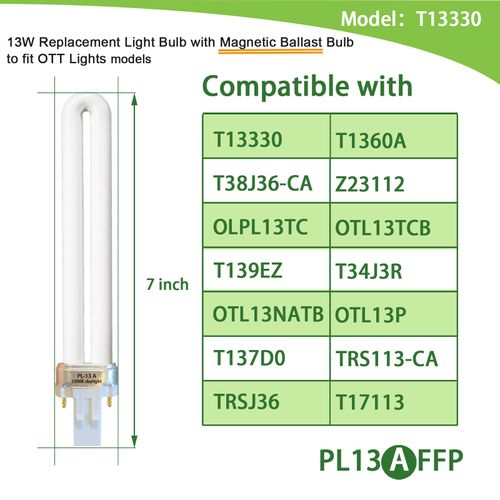 (2 Pack) PL13-A-FFP 13W Replacement Light Bulb with Magnetic Ballast,Replace for Ottlite Lamps Purchased Before 2008,13W Type A Light Bulb,5500K Bright Natural Daylight,GX23 Base