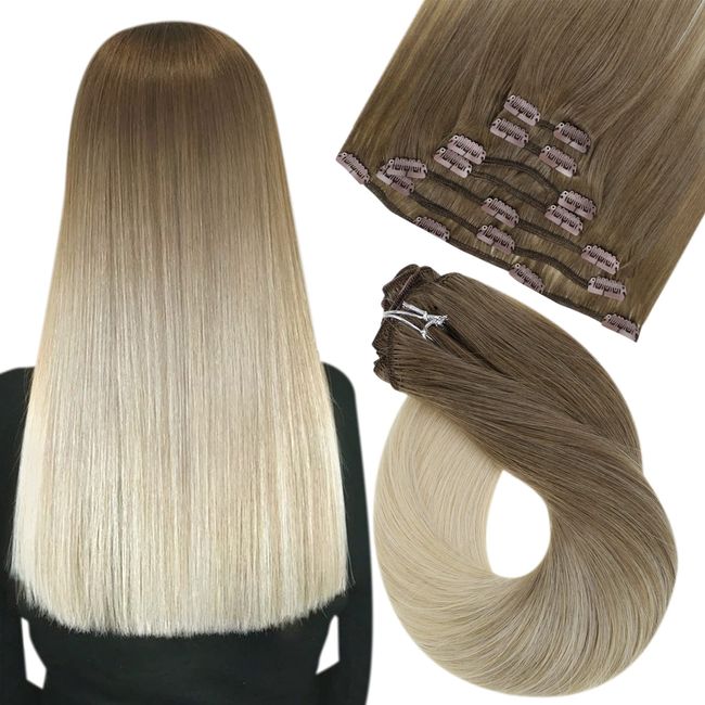 Easyouth Clip in Hair Extensions Human Hair 22 Inch 100g 7 Pieces Invisible Clip Hair Extension Dark Blonde Fading to Platinum Blonde Hair Extensions Clip ins