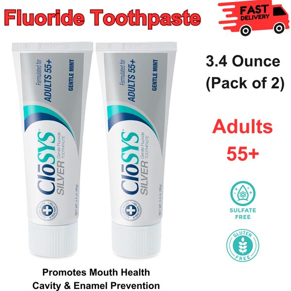 CloSYS Silver Fluoride Toothpaste for Adults 55+, Gentle Mint, 3.4 Oz, Pack of 2