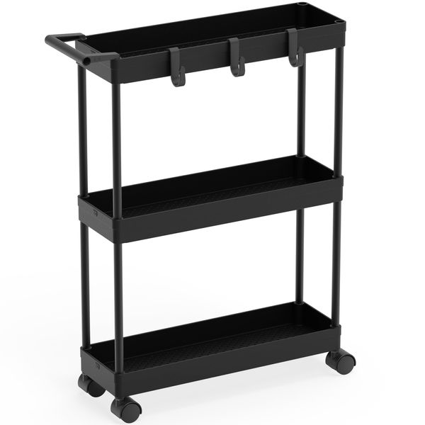 Simple Houseware 3-Tier Slim/Super Narrow Kitchen Cart with Handle, Hooks and Storage with Shelves, Black