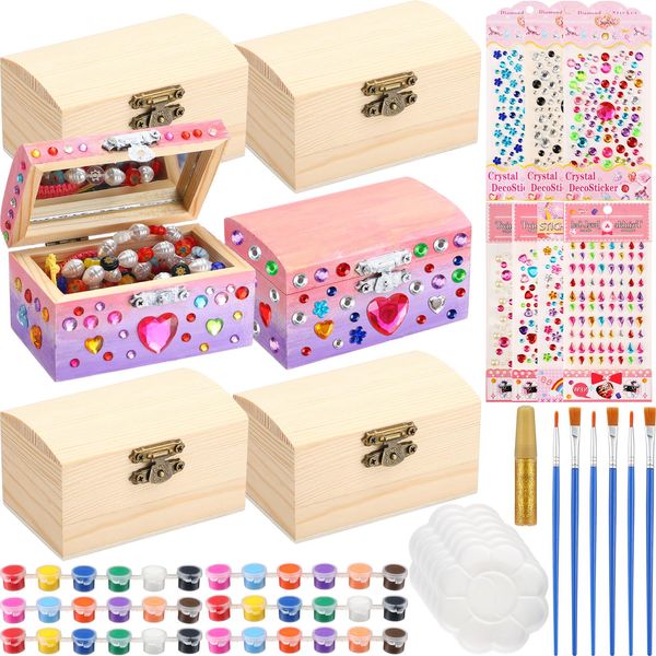 Kigley 6 Sets Paint Your Own Wooden Boxes Arts and Craft Paint Kits Unfinished Wood Jewelry Box for Ages 3-12 Year Old Girls Kids Boys DIY Craft Gifts(Square)