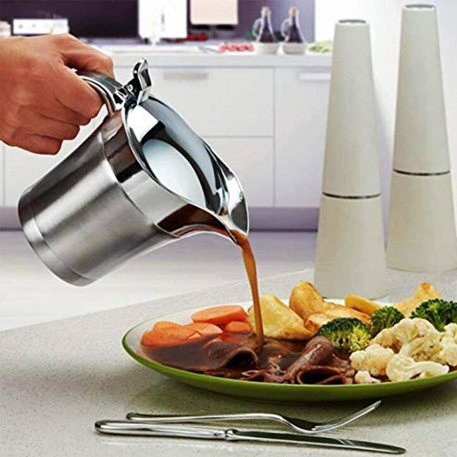 Gravy boat Stainless Steel Insulated Jug with Hinged Lid Ideal for Gravy or Cream at Thanksgiving, Stainless Steel Gravy Boat Sauce (450ML) (silver)