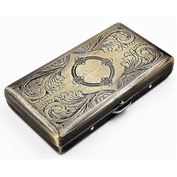 Retro Cigarette Case Victorian Style Metal Holder for Regular, King and 100's Size Credit Card Holder, Small with Etched Pattern (ET-S100, Antique Brass)