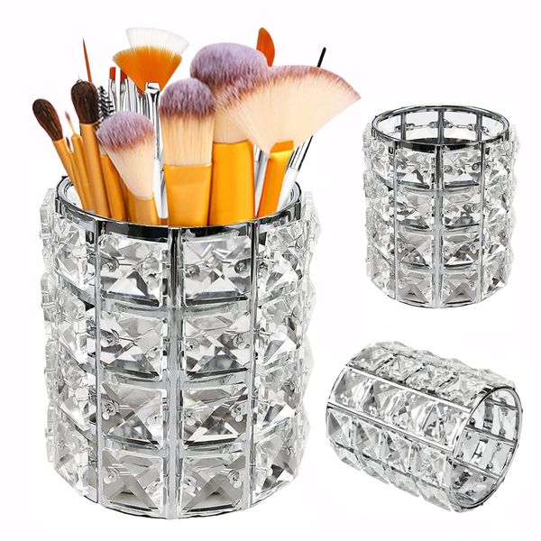 Makeup Organizer Eyebrow Comb Brush Holder Silver Jewelry Box Crystal Bling Beads Bucket Cosmetic Storage Round Candle Cup Pencil Pen Holder Container Desktop Decoration Dressing Table Accessories