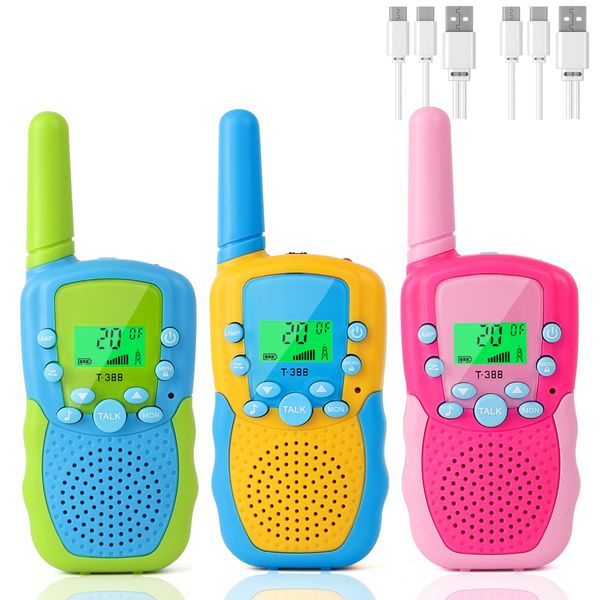 3 Pack Walkie Talkies for Kids, Rechargeable Kids Walkie Talkies with Flashlight, Built-in Battery,3KM Long Range for Outside,Camping,Hiking, Toys Gifts for 3-12 Year Old Boys Girls Christmas Birthday