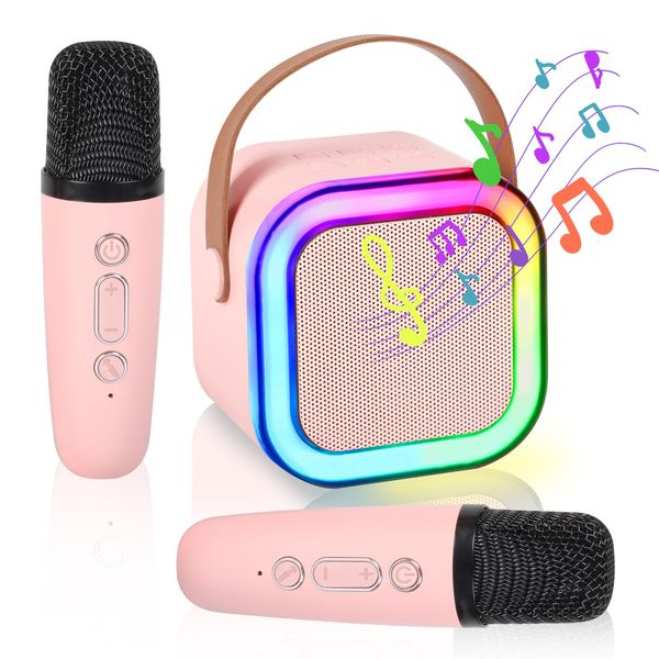 Mini Karaoke Machine for Kids Adults Portable Bluetooth Speaker with 2 Wireless Microphones,Toddler Singing Toys Teen MP3 Music Player for Girl Age 3-12 Year Old Birthday Gift Family Home Party (Pink)