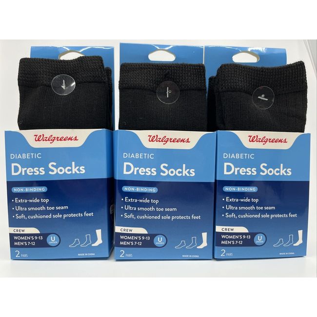 Walgreens 6 Pairs Diabetic Dress Socks Unisex Crew Black Men’s 7-12 Women’s 9-13