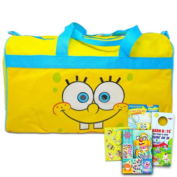 Viacom Spongebob Duffle Bag Set For Kids - 4 Pc Bundle With Spongebob Luggage Carry On Suitcase Bag, Spongebob Coloring Book, Stickers, and More (Spongebob Travel Activity Set)